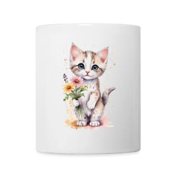 Verspieltes Kätzchen mit Blumen - Aquarell - Tasse - Weiß - Vorne