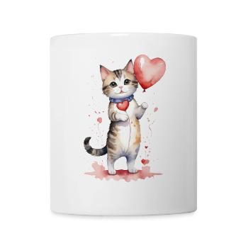Verspielte Katze mit Herzballon - Aquarell - Tasse - Weiß - Vorne