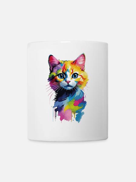 Bunter Wasserfarben-Katzenkopf - Tasse - Weiß