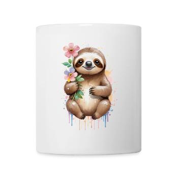 Verschlafenes Faultier mit Blumen - Aquarell - Tasse - Weiß - Vorne