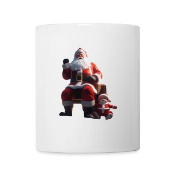 Weihnachtsmann auf der Bank mit Baby-Elf - Tasse - Weiß - Vorne
