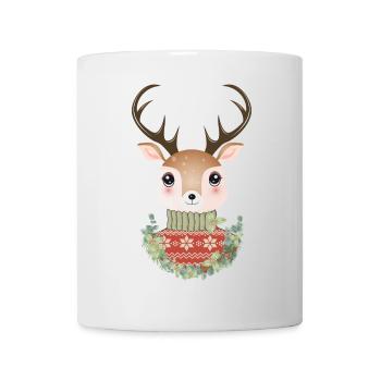 niedlicher Hirsch mit Pullover und Weihnachtskranz - Tasse - Weiß - Vorne
