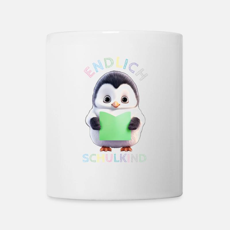 Pingouin mignon avec un livre vert Enfin écolier - Mug blanc - blanc