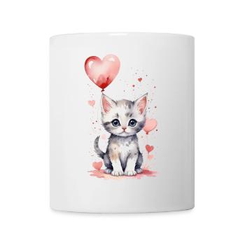 Verspielte Katze mit Herzballon - Aquarell - Tasse - Weiß - Vorne