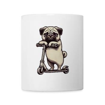 Lustiger Mops auf Scooter Comic Cartoon - Tasse - Weiß - Vorne