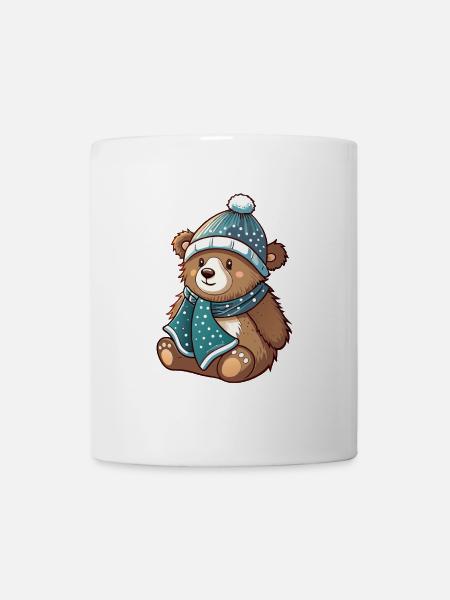 Cute bear with scarf and bobble hat. - Mug - white