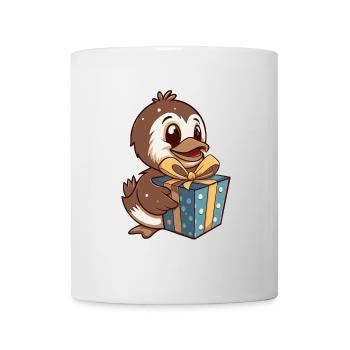 Cute duck unwraps gift - Mug - white - Front