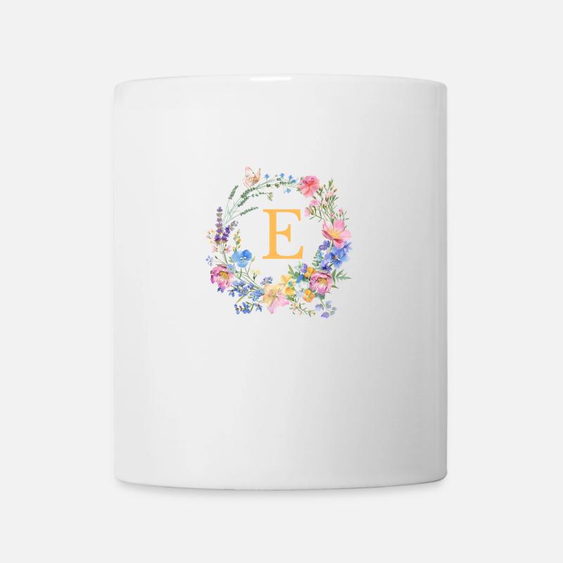 E Monogramm Floral, Blumenkranz, personalisierbar - Tasse - Weiß