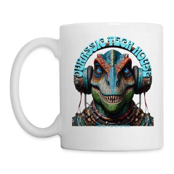 MESOZOIC TECH HOUSE – Cool T-REX with Headphones! - Mug - white - Left