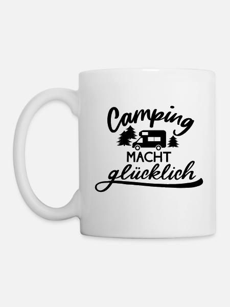 Camping macht glücklich, schwarzer Schriftzug - Tasse - Weiß