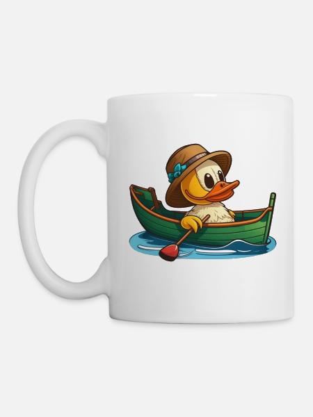 Cute duck in rowing boat with summer hat and flower - Mug - white