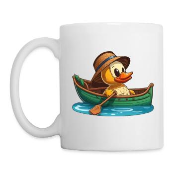 Gelbe Ente im Ruderboot mit Sommerhut und Blume - Tasse - Weiß - Links