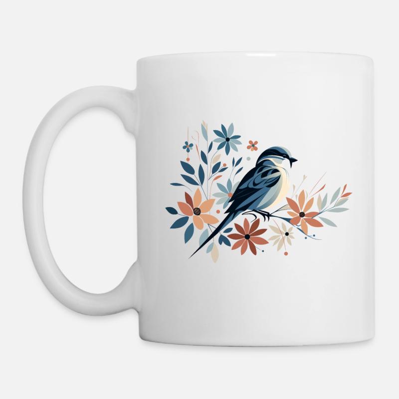 Kleiner Vogel mit Blumen - Tasse - Weiß