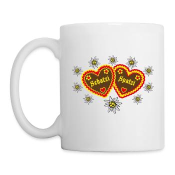 81 Lebkuchenherzen Schatzi Spatzi Verliebte Herzen - Tasse - Weiß - Links