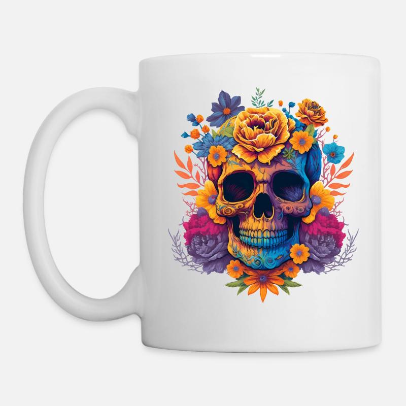 Schädel mit bunten Blumen - Tasse - Weiß