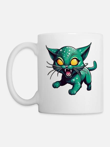 Grüne Alien Katze - Tasse - Weiß