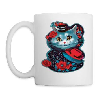 Chat mignon avec chapeau et roses - Mug blanc - blanc - Gauche