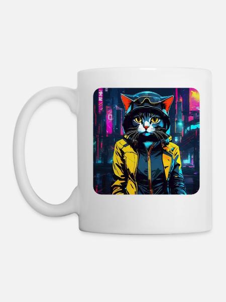 Niedliche Cyberpunk Katze - Tasse - Weiß