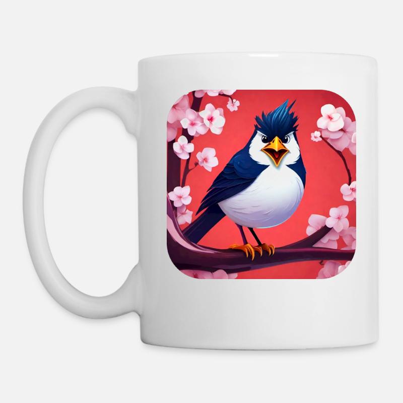 Drôle de petit oiseau avec des fleurs de cerisier - Mug blanc - blanc