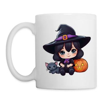 Sorcière mignonne avec chat noir et citrouille - Mug blanc - blanc - Gauche