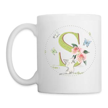 Anfangsbuchstabe S mit Katze - Tasse - Weiß - Links