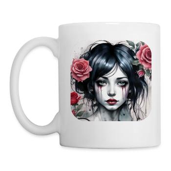 Cooles Gothic Punk Girl mit roten Rosen - Tasse - Weiß - Links