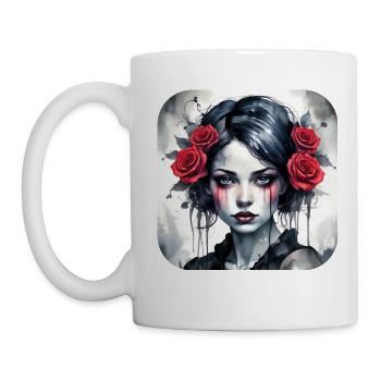 Cooles Gothic Punk Girl mit roten Rosen - Tasse - Weiß - Links