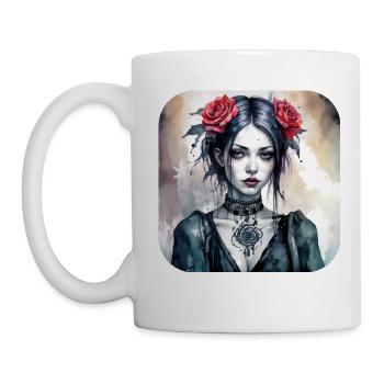 Cooles Gothic Punk Girl mit roten Rosen - Tasse - Weiß - Links