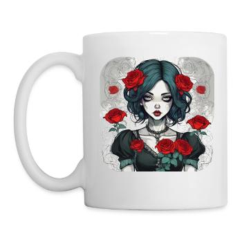 Cooles Gothic Punk Girl mit roten Rosen - Tasse - Weiß - Links