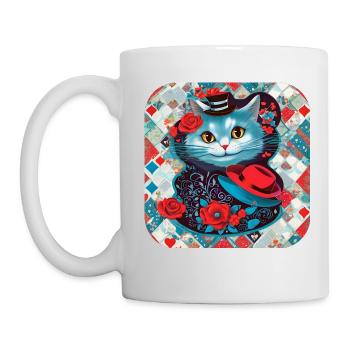 Chat mignon avec chapeau et roses - Mug blanc - blanc - Gauche