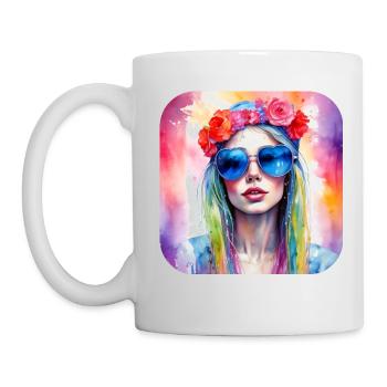 Fille cool avec des coeurs, des lunettes de soleil et des fleurs - Mug blanc - blanc - Gauche