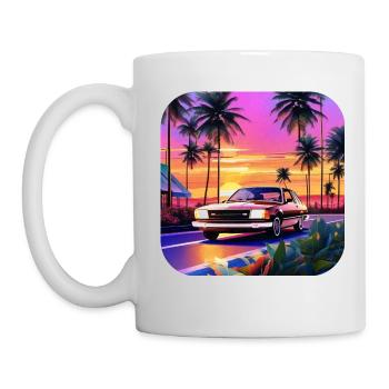 Cooles Auto mit Palmen im Sonnenuntergang - Tasse - Weiß - Links