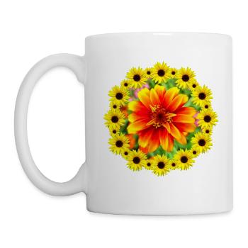 bunte Blume mit Sonnenblumen, Blumenranke, blumig - Tasse - Weiß - Links