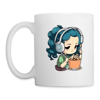 Mädchen mit Kopfhörern hört Musik und isst Müsli - Tasse - Weiß - Links
