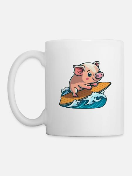 Süßes Schwein im Meer auf Surfboard surft surfen - Tasse - Weiß