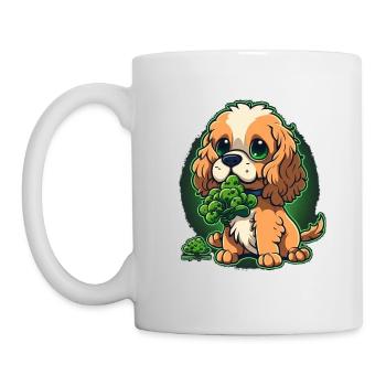Cute dog eats broccoli vegetables - Mug - white - Left