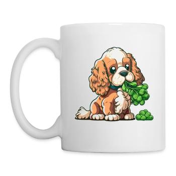 Cute dog eats broccoli vegetables - Mug - white - Left