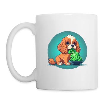 Cute dog eats broccoli vegetables - Mug - white - Left