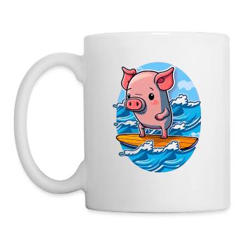 Cute pig surfing in the sea on surfboard surfing - Mug - white - Left
