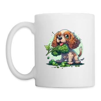Cute dog Cocker Spaniel eats broccoli vegetables - Mug - white - Left