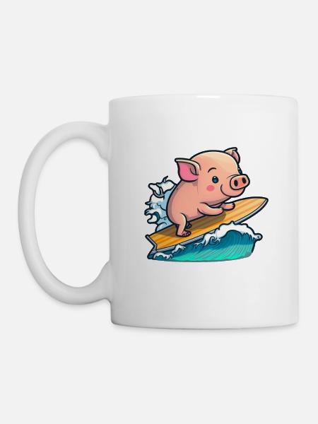 Cute pig in the sea surfing surfing surf on surfboard - Mug - white