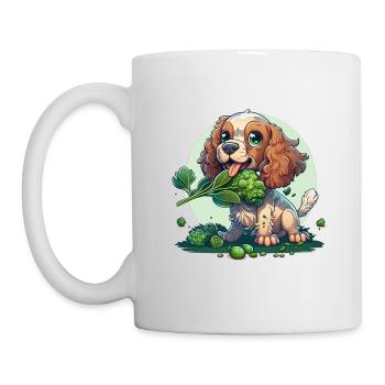 Cute dog eats green broccoli green vegetables - Mug - white - Left