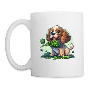 Cute dog eats green broccoli green vegetables - Mug - white - Left