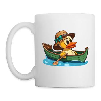 Gelbe Ente im Ruderboot mit Sommerhut und Blume - Tasse - Weiß - Links