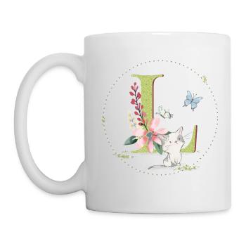 Anfangsbuchstabe L mit Katze - Tasse - Weiß - Links
