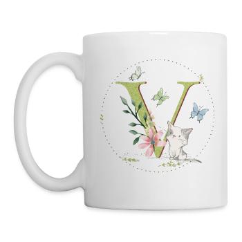 Anfangsbuchstabe V mit Katze - Tasse - Weiß - Links
