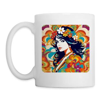 Flower Power Frau in Retro Look - Tasse - Weiß - Links