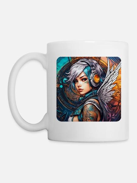 Cooler Cyberpunk Engel mit Kopfhörer - Tasse - Weiß
