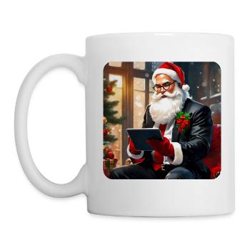 Cooler moderner Weihnachtsmann im Anzug und Tablet - Tasse - Weiß - Links