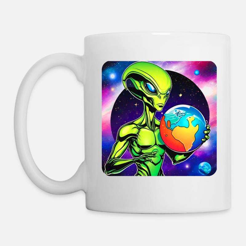 Cooler Alien mit Planet in den Händen - Tasse - Weiß